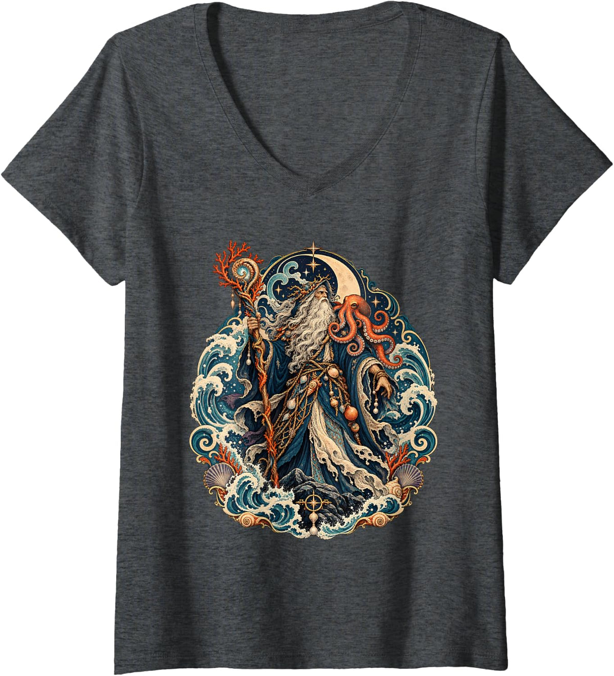 Women's Sea Sorcerer Octopus Ocean Magic Fantasy Wizard V-Neck T-Shirt - Dark Heather Grey