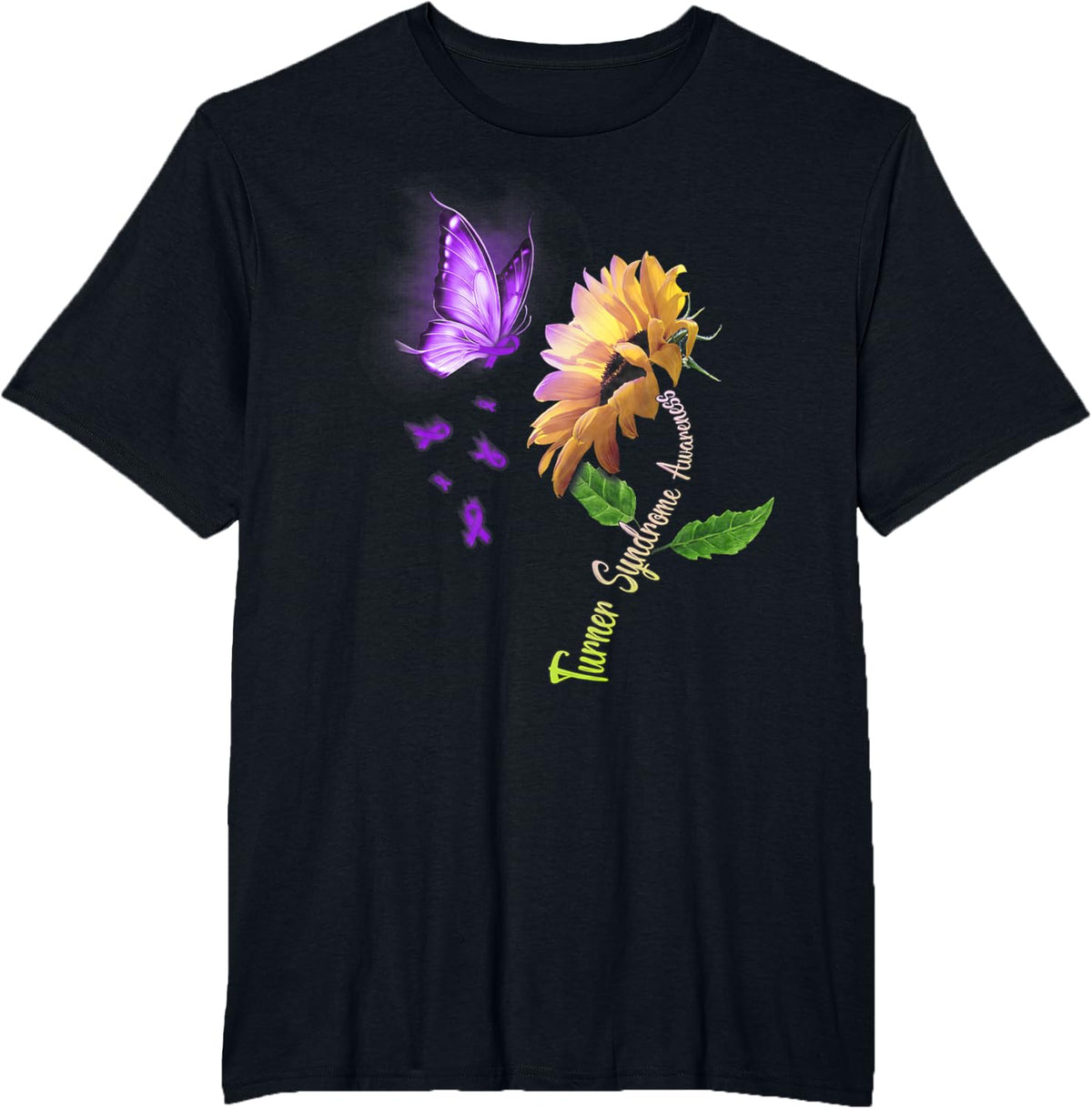 Turner Syndrome Fighter Family Tees Women's Black Butterfly Sunflower T-Shirt - Black