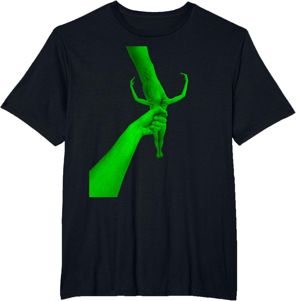 Abstract Surrealist Funny Green Interlocking Hands Meme Art T-Shirt - Black