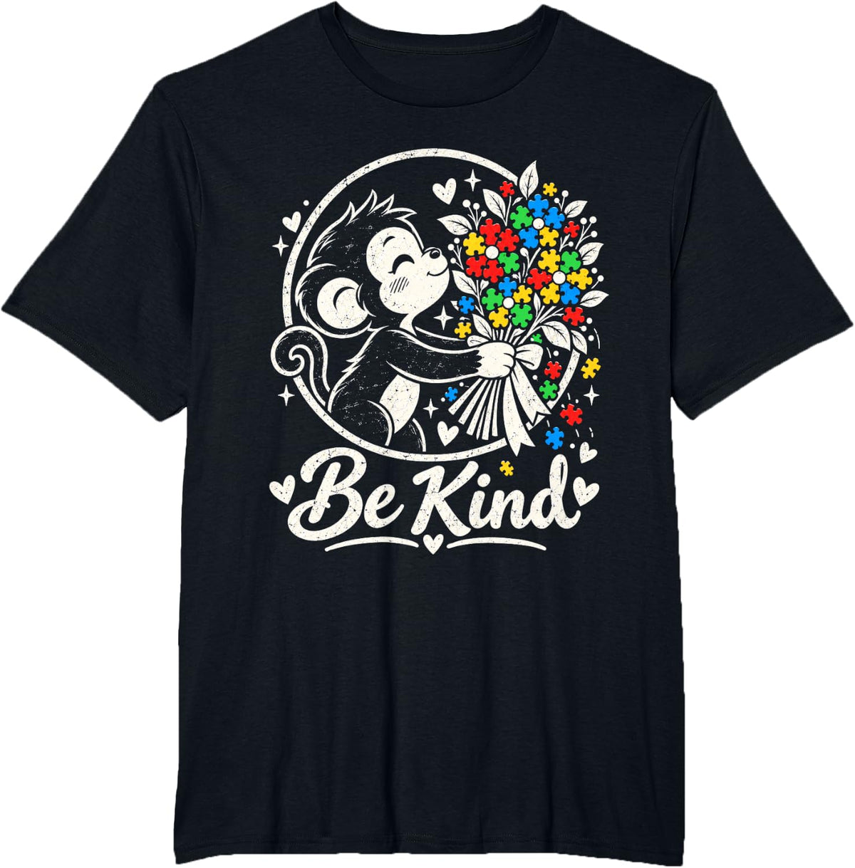 Be Kind Autism Awareness Monkey Puzzle Piece Neurodiversity T-Shirt - Black