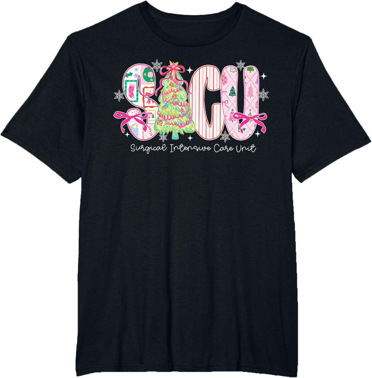 SICU Nurse Christmas Tree Surgical Intensive Care Unit Xmas T-Shirt - Black