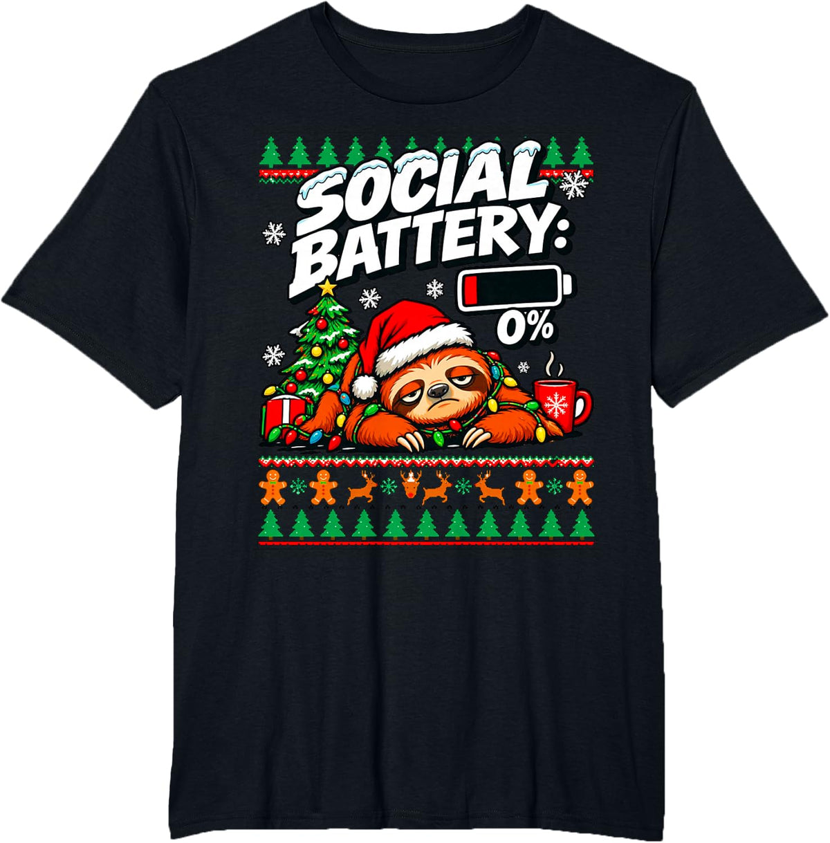 Social Battery 0% Funny Ugly Christmas Sweater Sloth Meme T-Shirt - Black