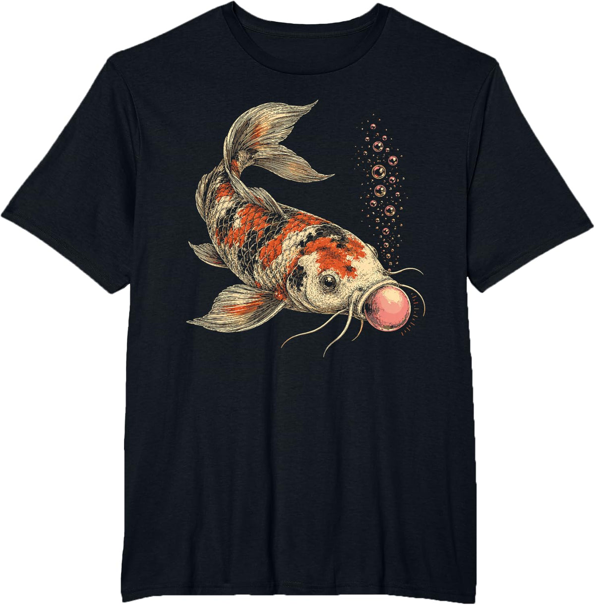 Funny Koi Fish Blowing Bubble Gum Retro Aquatic Animal T-Shirt - Black