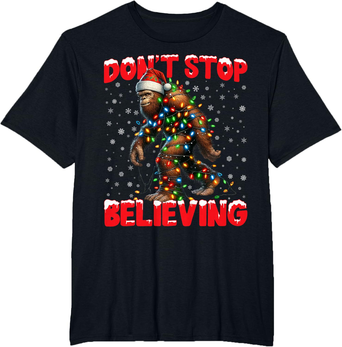 Christmas Bigfoot Don't Stop Believing Santa Hat Lights Tees T-Shirt - Black
