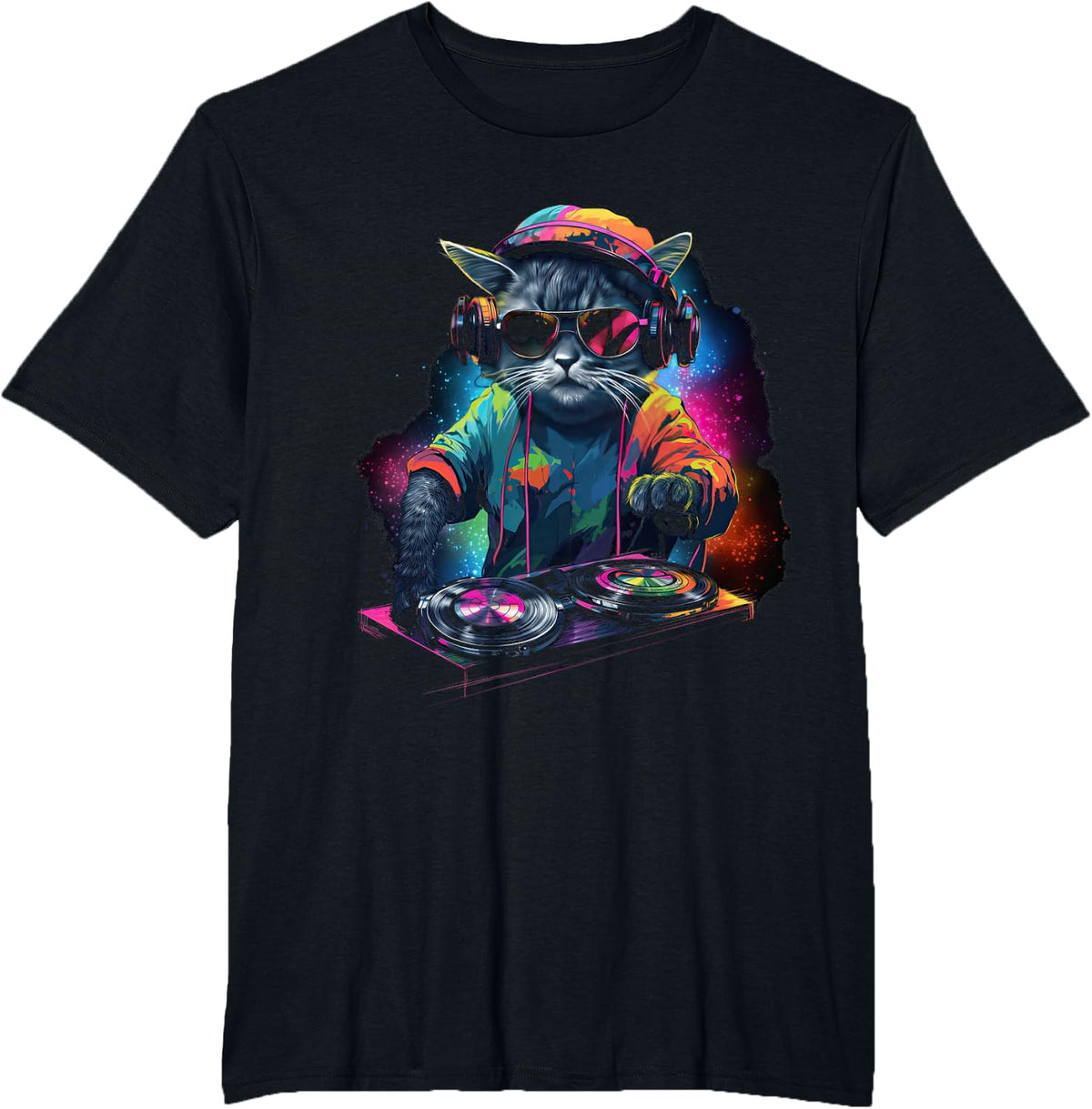 DJ Cat With Headphones And Sunglasses Disco Cats T-Shirt - Black
