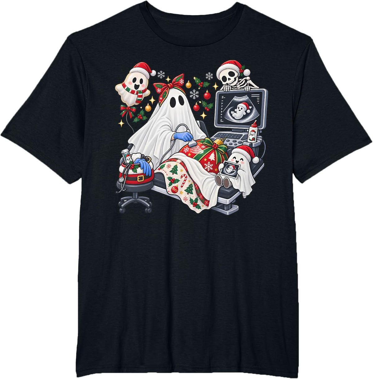 Christmas Cute Ghost Santa Sonographer Ultrasound Tech MFM T-Shirt - Black