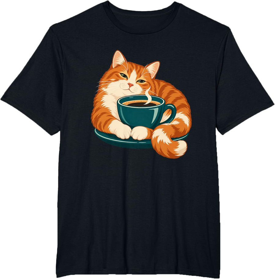 Ginger Cat with Coffee Cup Cozy Cat Lover Illustration T-Shirt - Black