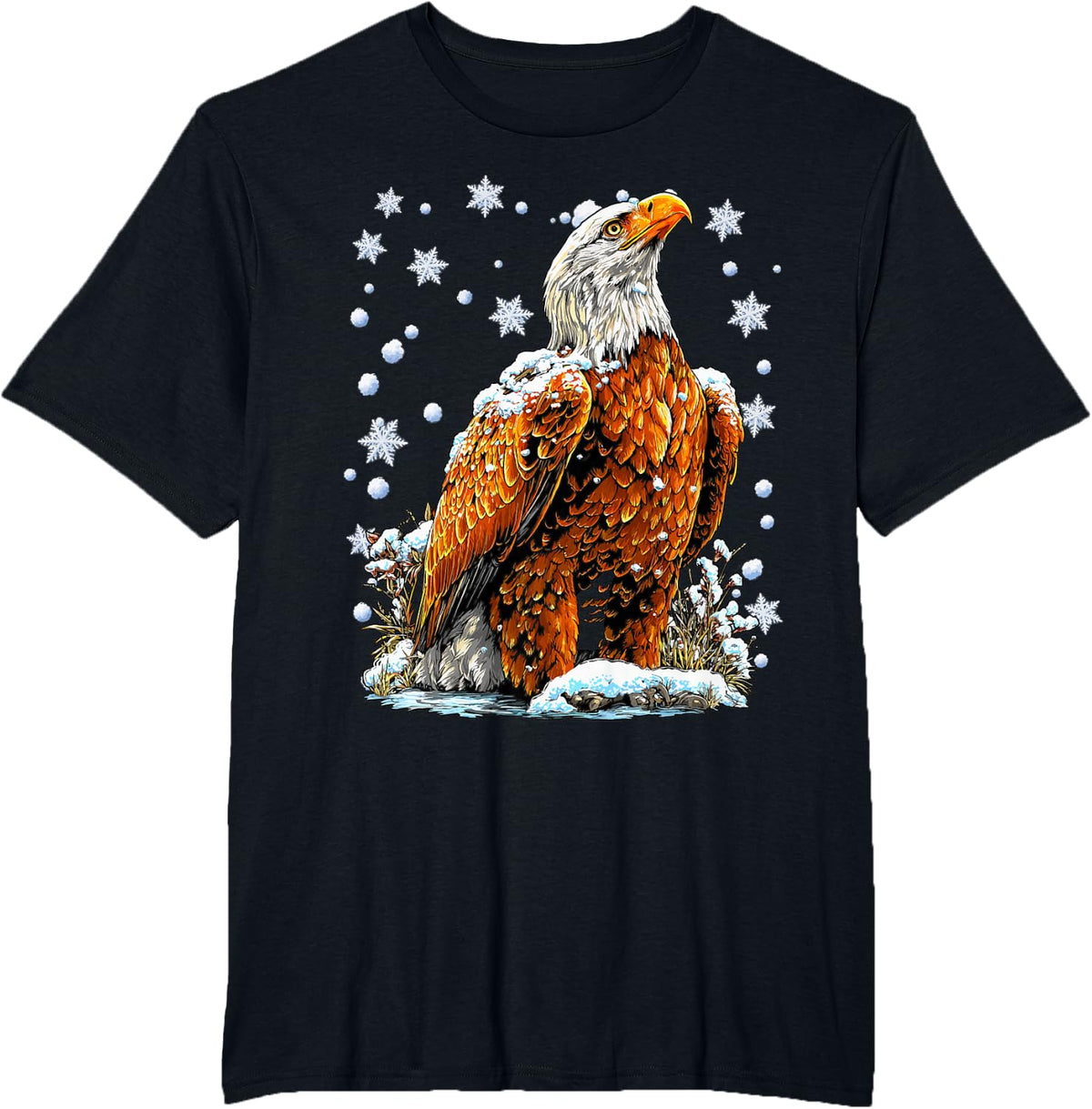 Snowy Bald Eagle with Snow and Snowflakes Winter Aesthetic T-Shirt - Black