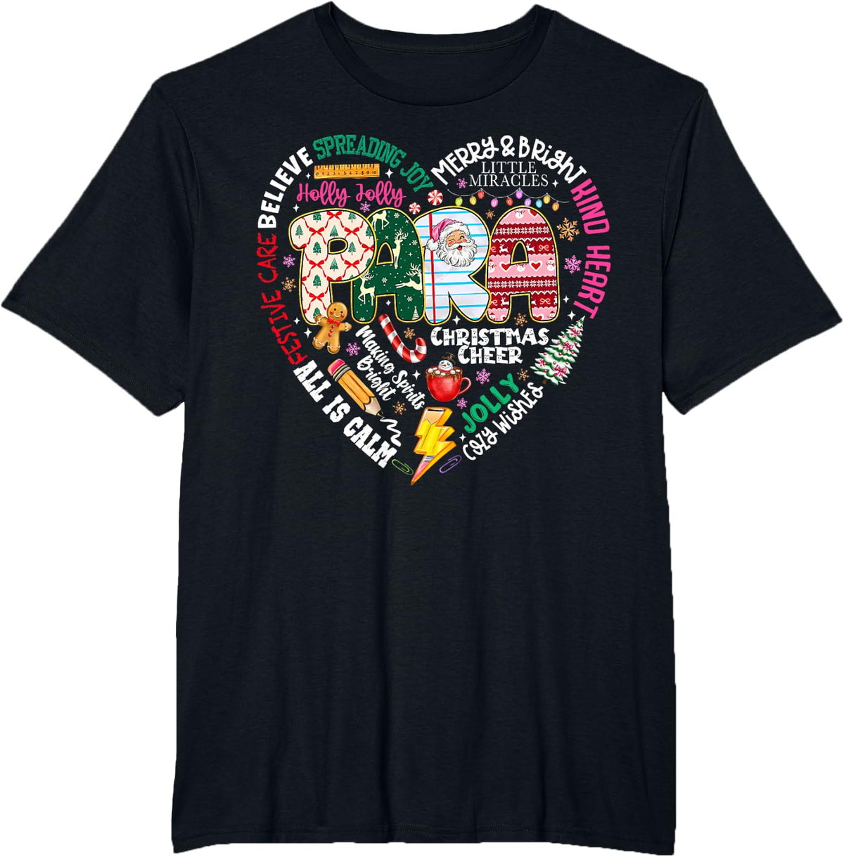 para Heart Christmas Paraprofessional SPED Teacher Xmas T-Shirt - Black