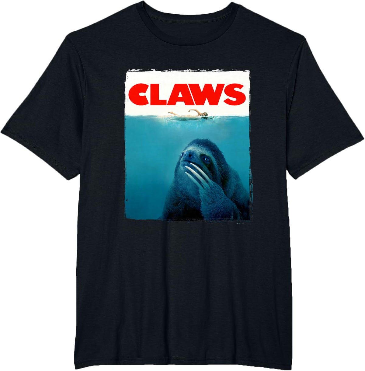 CLAWS Funny JAWS Parody Cute Sloth Attacking Like A Shark T-Shirt - Black