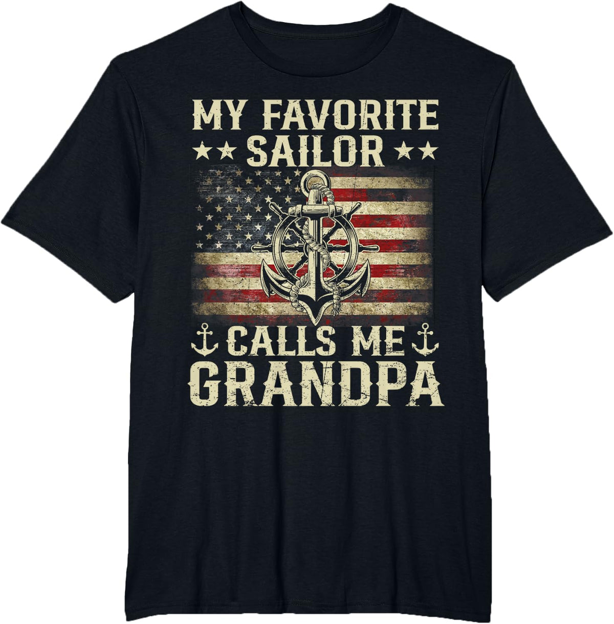 My Favorite Sailor Calls Me Grandpa Flag US Family Matching T-Shirt - Black