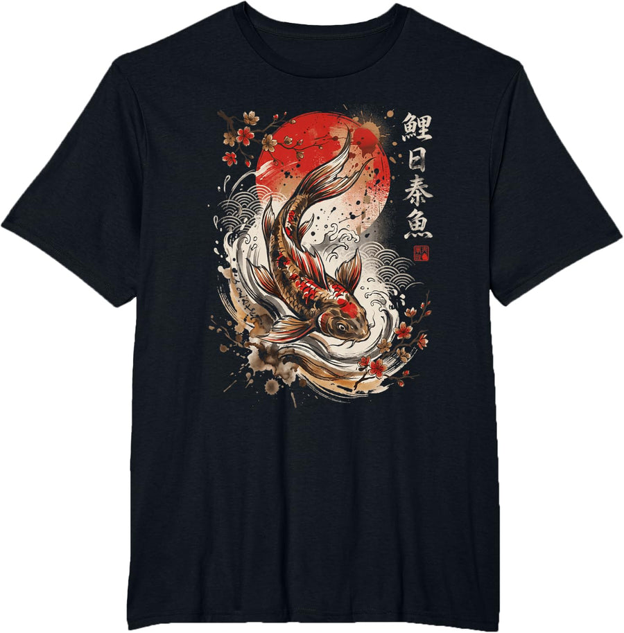 Japanese Koi Fish Wave Red Japan Sun Kanji Art T-Shirt - Black