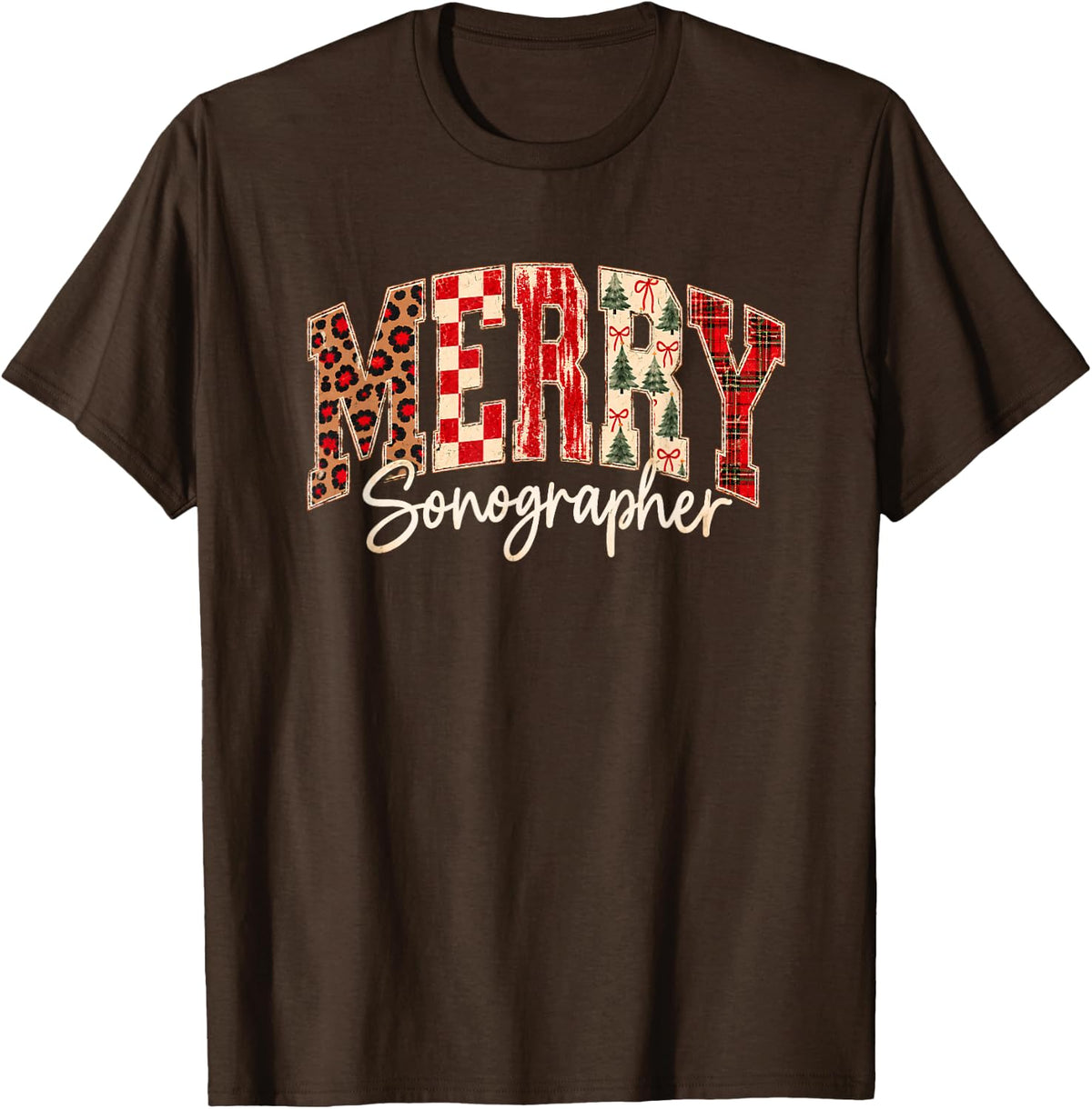 Holiday Sonographer - Cheetah Print Merry Christmas Design T-Shirt - Brown