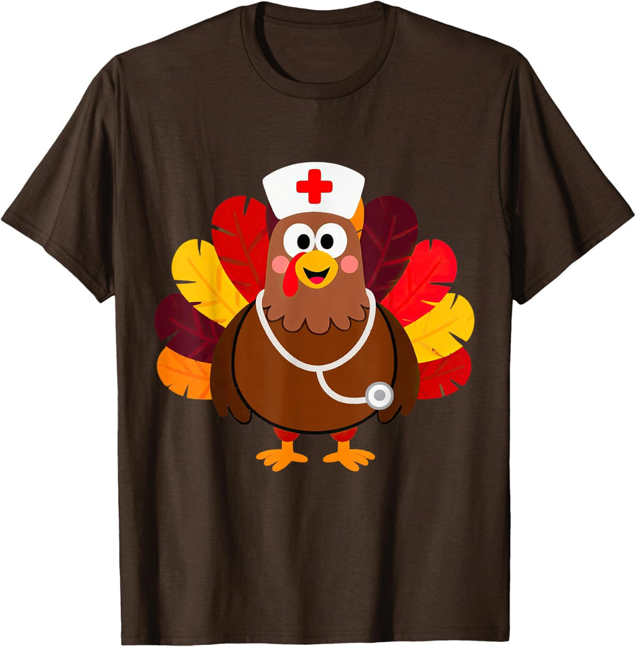 Thanksgiving Registered Nurse Turkey Fall Nursing School T-Shirt - Brown