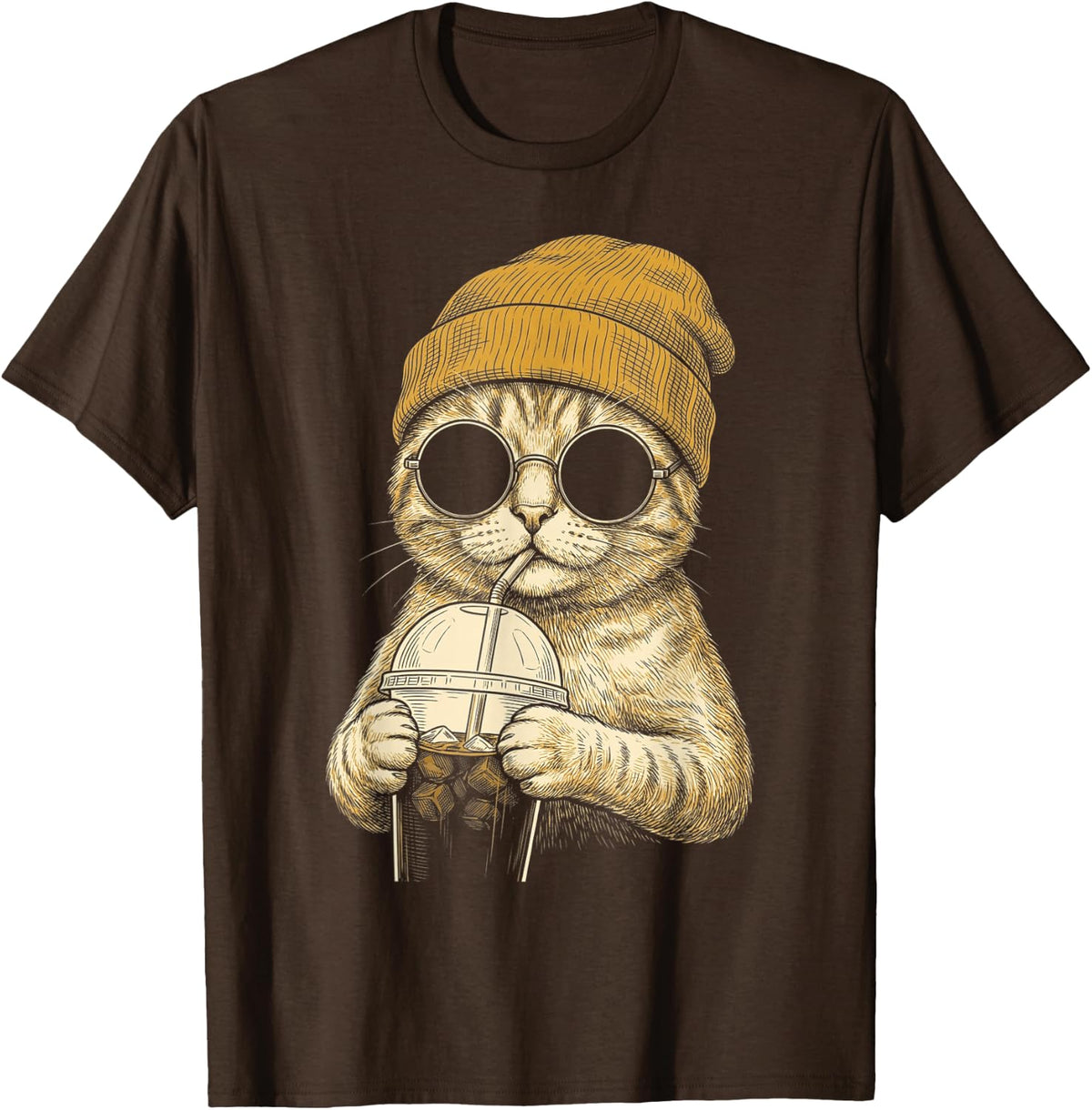 Ginger Tabby Cat Drinking Iced Coffee Funny Hipster T-Shirt - Brown