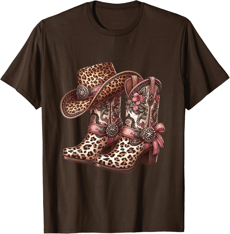 Line Dance Black Cowgirl Boots On Ground Western T-Shirt - Brown