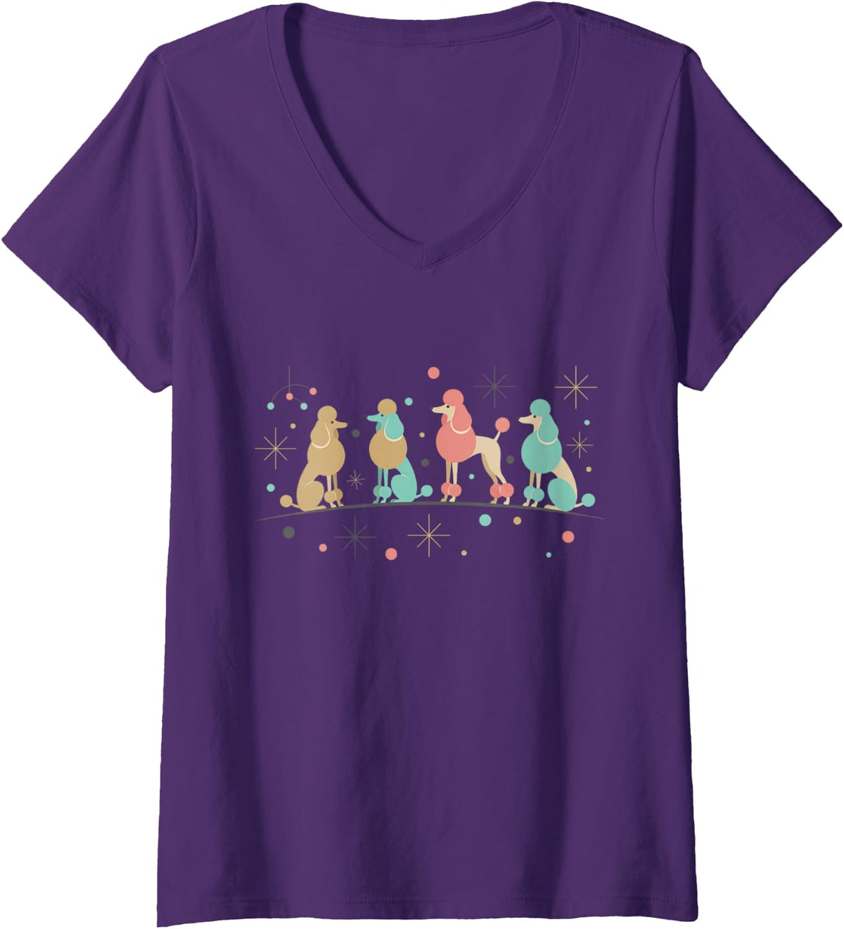 Women's Mid Century Modern Dog Poodle Retro Atomic V-Neck T-Shirt - Purple