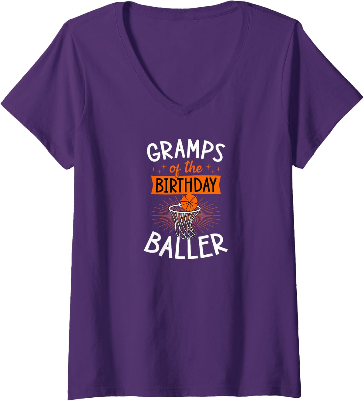 Women's Gramps of The Birthday Baller Matching Basketball Family V-Neck T-Shirt - Purple