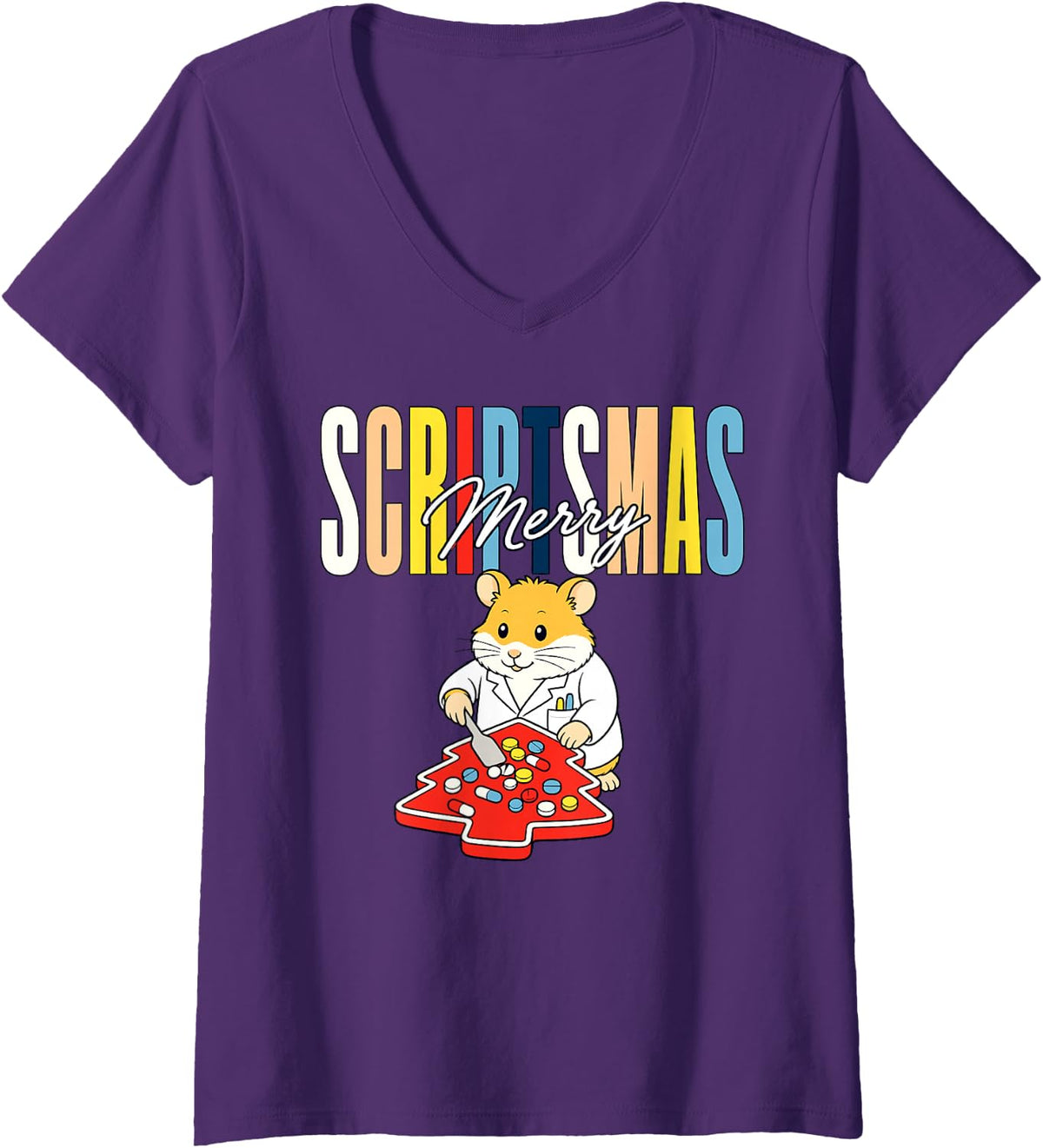 Women's Merry Scriptsmas Pharmacist Christmas Pharmacy V-Neck T-Shirt - Purple