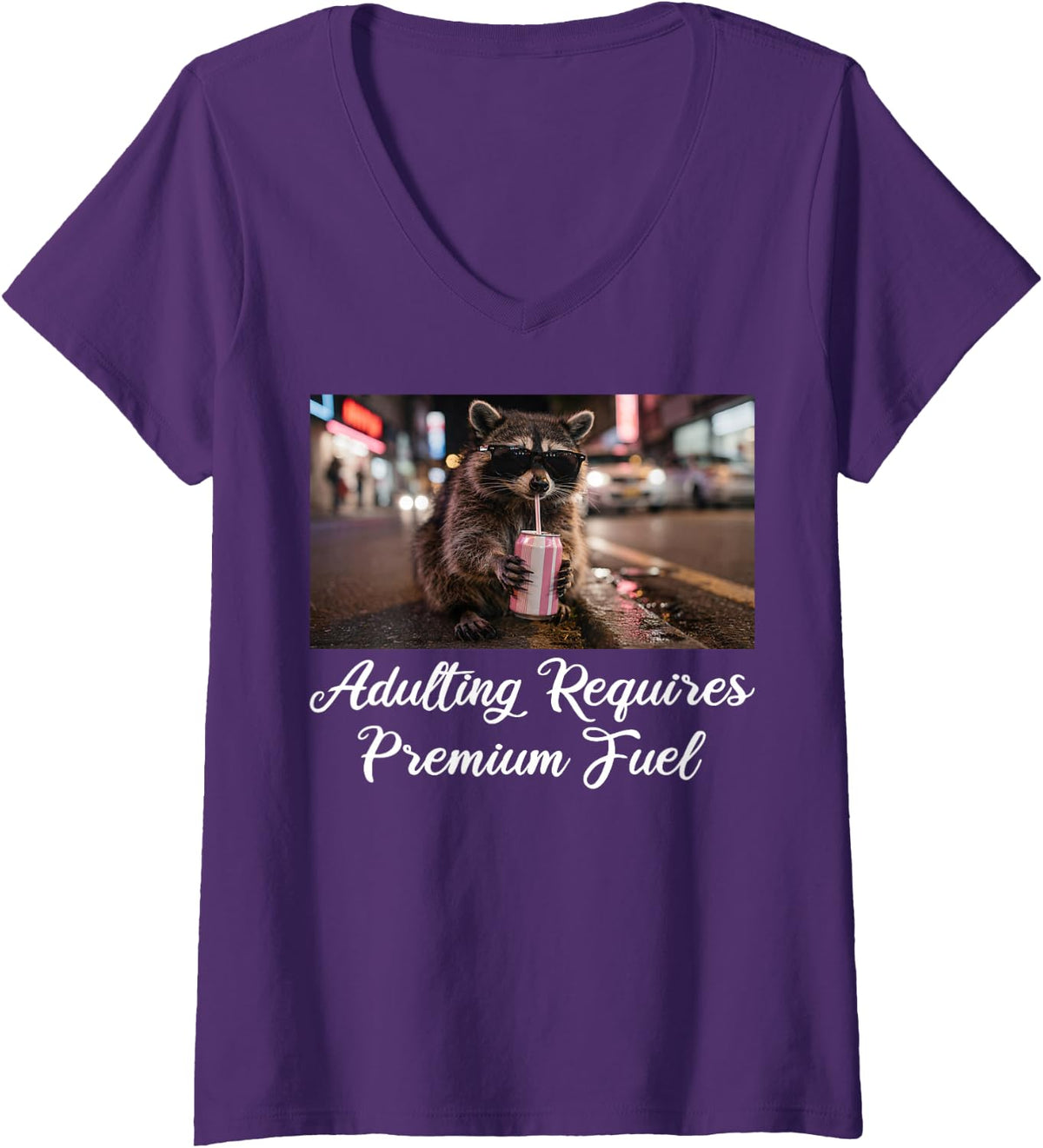 Women's Adulting Requires Premium Fuel Funny Raccoon Meme V-Neck T-Shirt - Purple