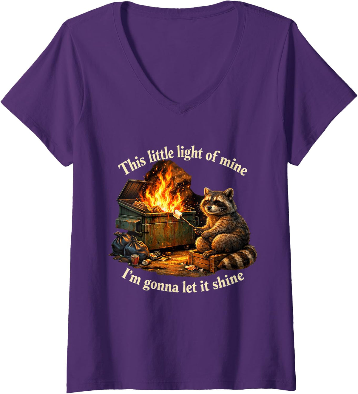 Women's Dumpster Fire Raccoon This Little Light of Mine Funny V-Neck T-Shirt - Purple