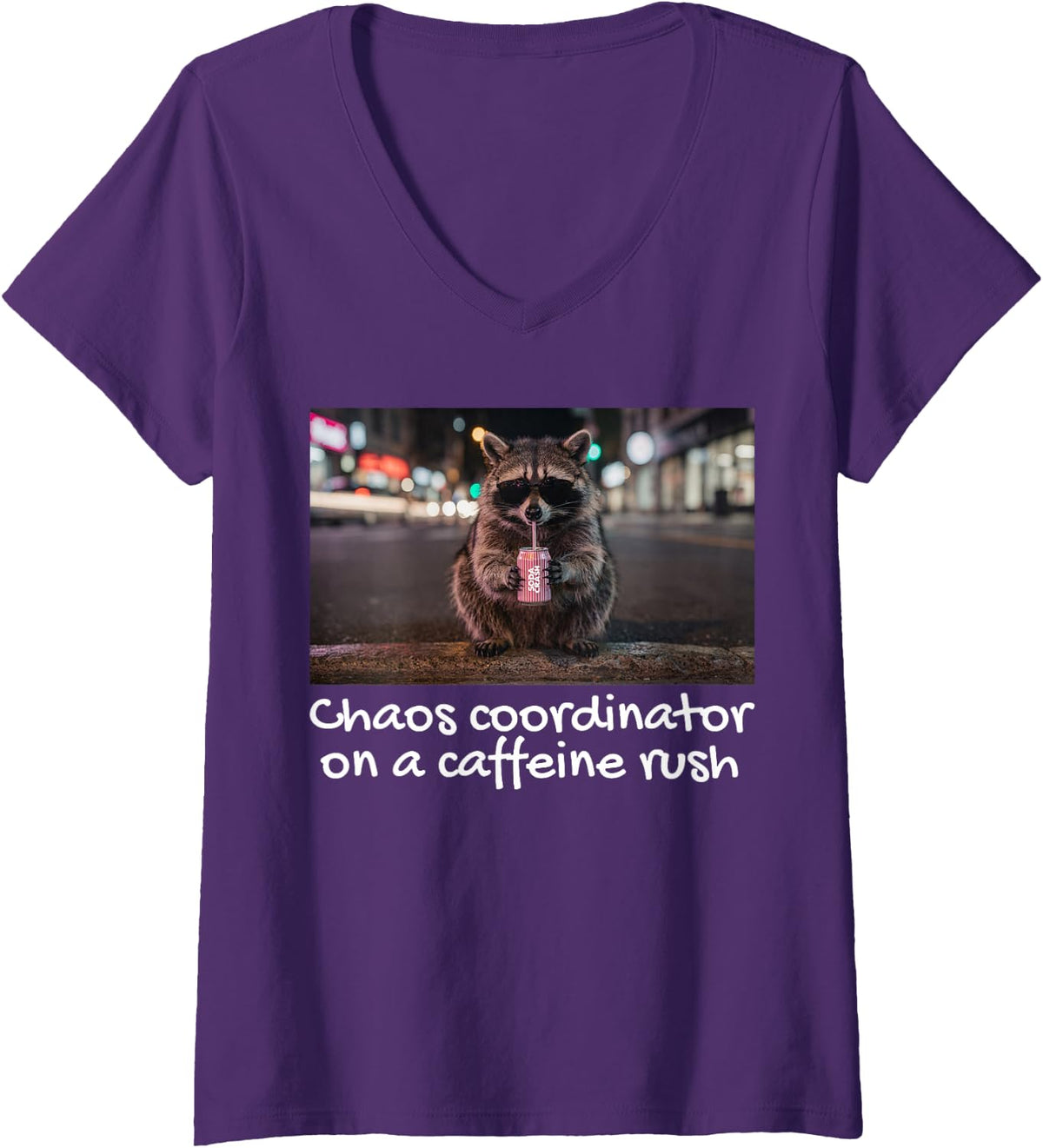 Women's 99% Caffeine 1% Trash Panda Funny Raccoon V-Neck T-Shirt - Purple