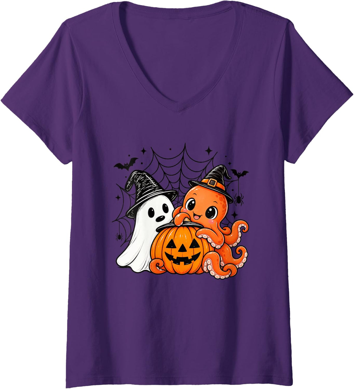 Women's Octopus Halloween Ghost Pumpkin Cute Spooky Costume V-Neck T-Shirt - Purple