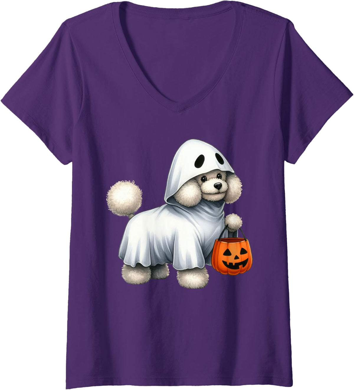 Womens Poodle Dog Halloween Costume Ghost White Poodle Pumpkin V-Neck T-Shirt - Purple