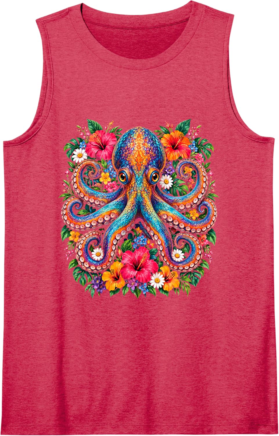 Colorful Floral Art - Octopus Sleeveless Tank Top - Red