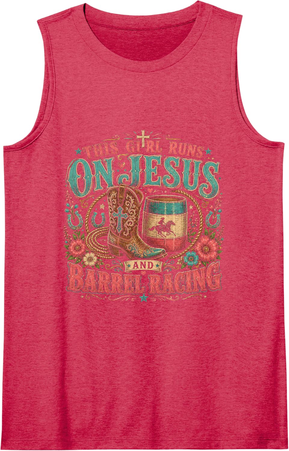 On Jesus and Barrel Racing Sleeveless Tank Top - Red
