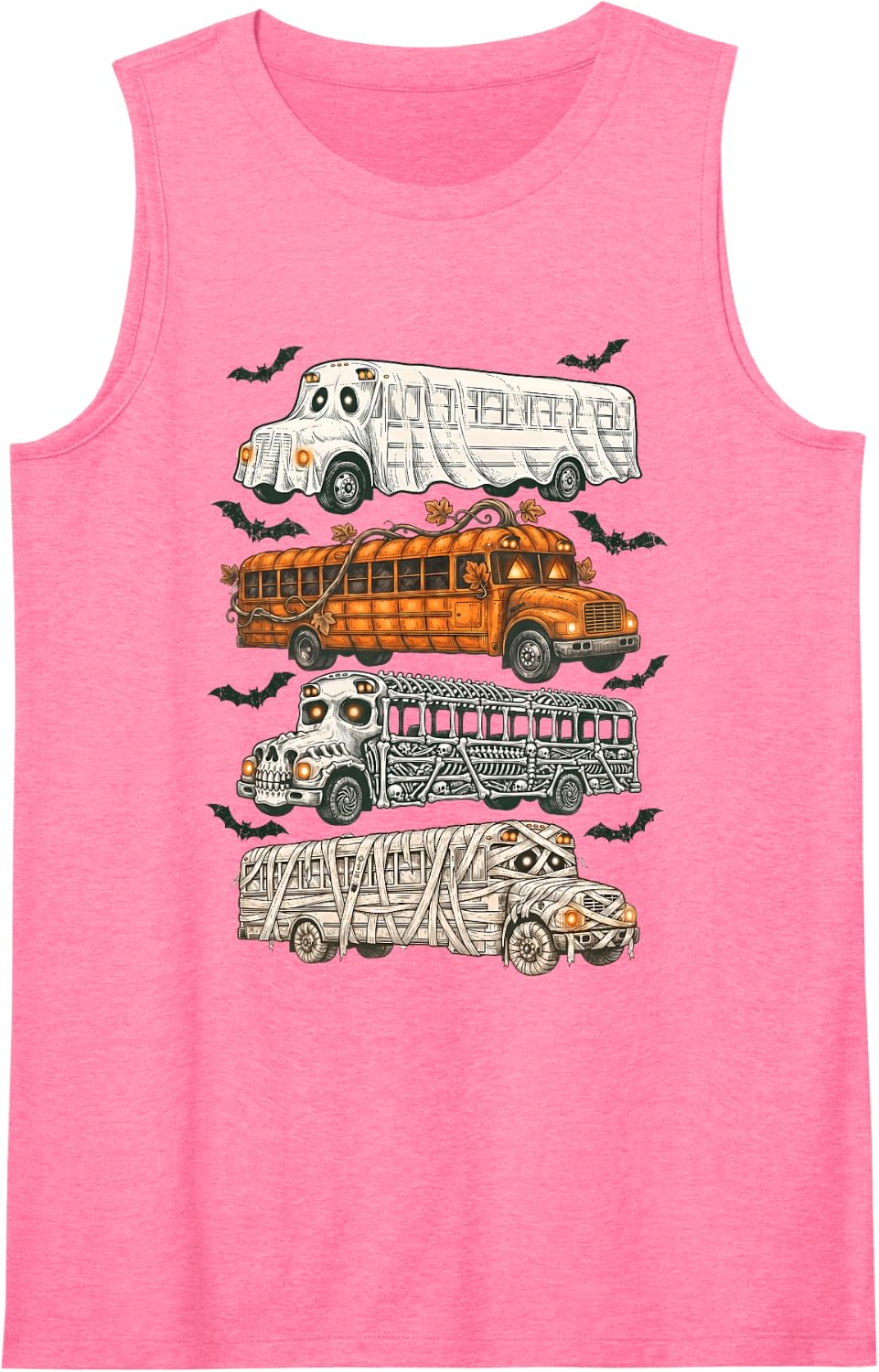 Halloween School Bus Ghost Pumpkin Skeleton Mummy Spooky Bus Sleeveless Tank Top - Pink