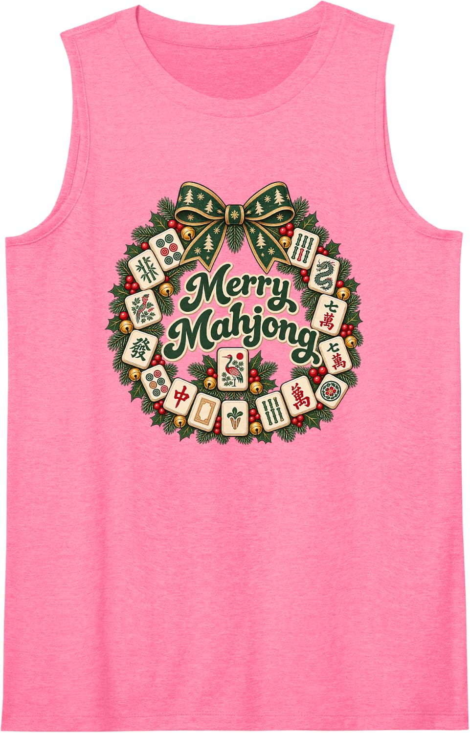 Merry Mahjong Tile Wreath Traditional Board Game Player Sleeveless Tank Top - Pink