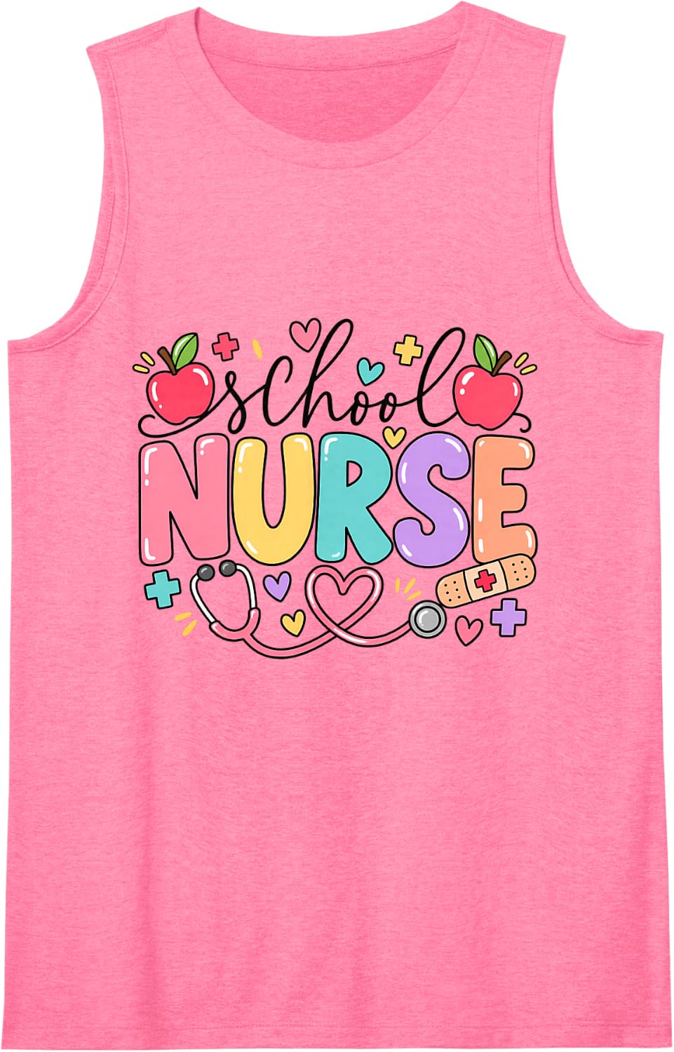 School Nurse Apple and Stethoscope Sleeveless Tank Top - Pink