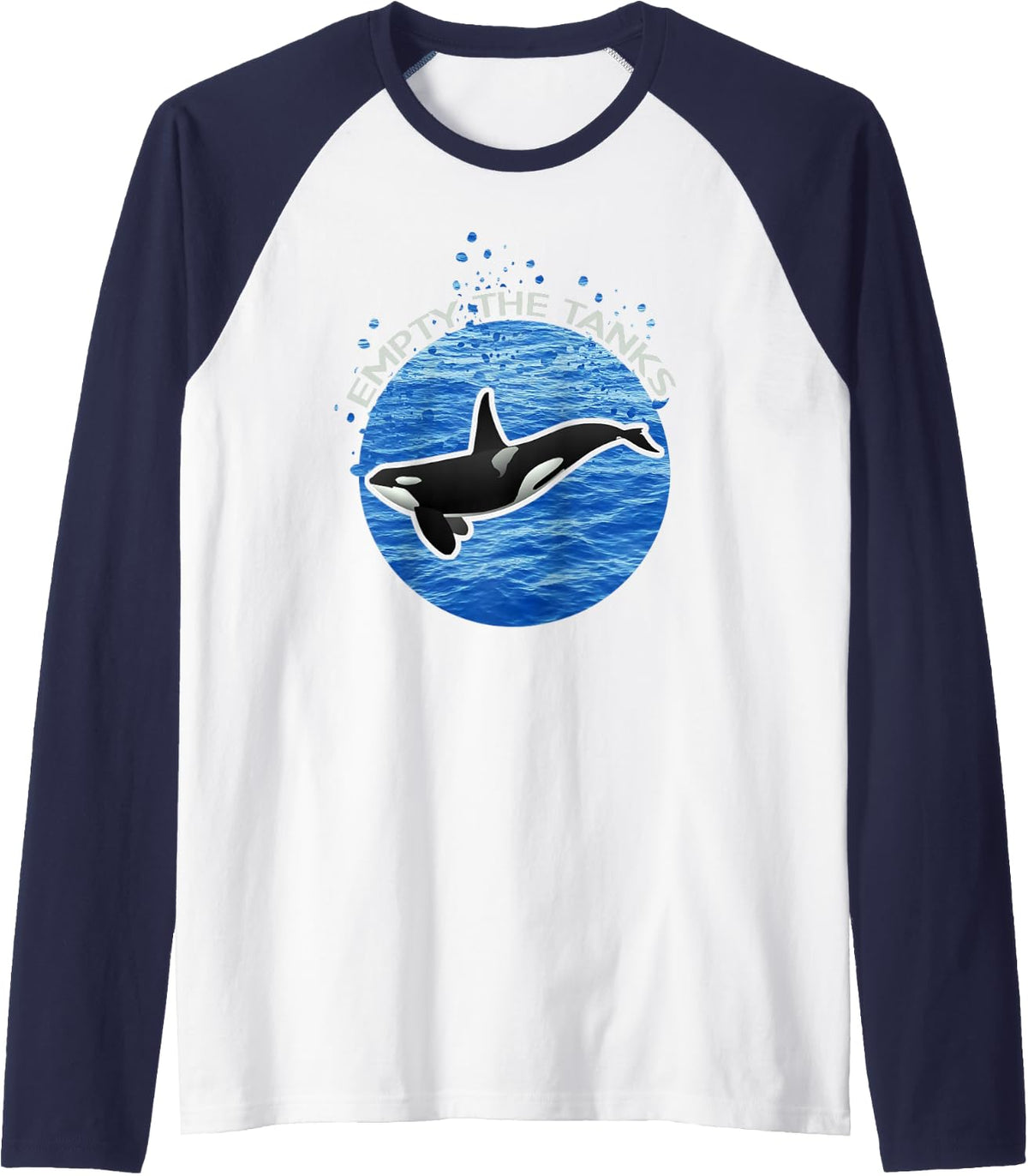 Empty The Tanks Killer Whale Orca Maritime Preservation Raglan Baseball Tee - Navy Blue\/White