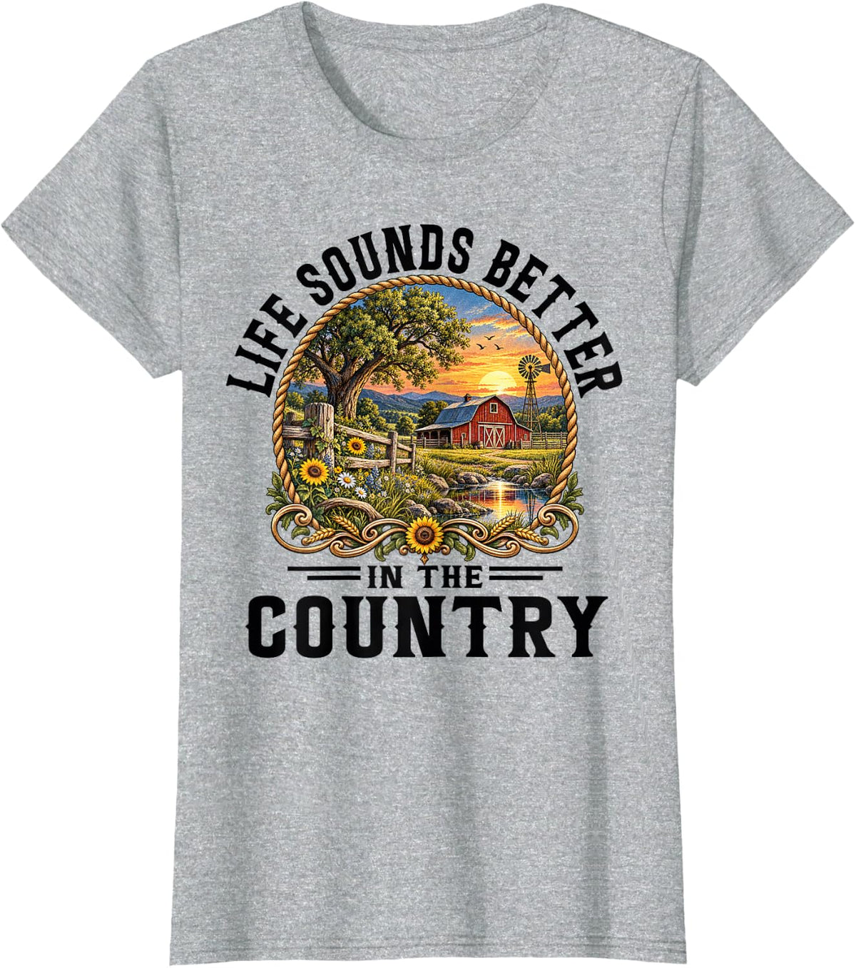 Vintage Life Sounds Better in The Country Farm Country Life T-Shirt - Heather Grey