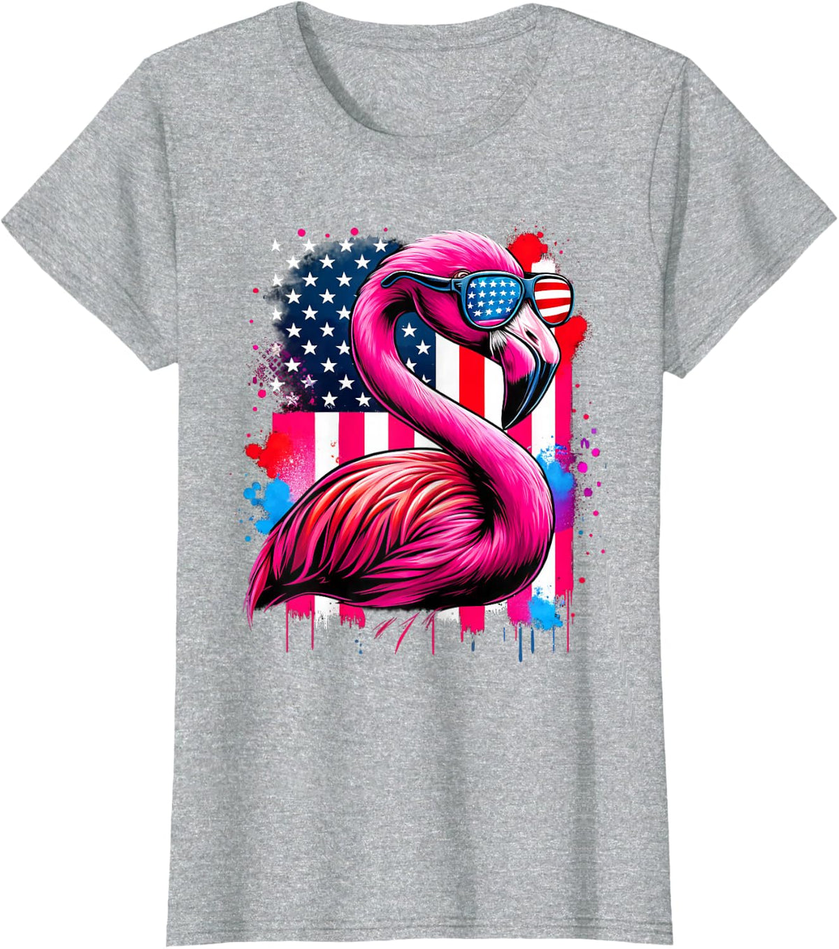Pink Flamingo USA Flag 4th of July Sunglasses Patriotic T-Shirt - Heather Grey