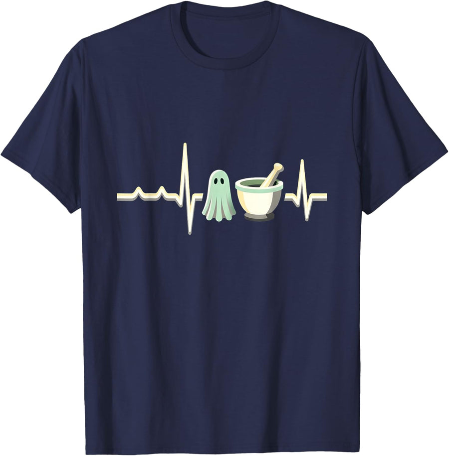 Pharmacy Ghost Heartbeat Halloween Pharmacist T-Shirt - Navy Blue