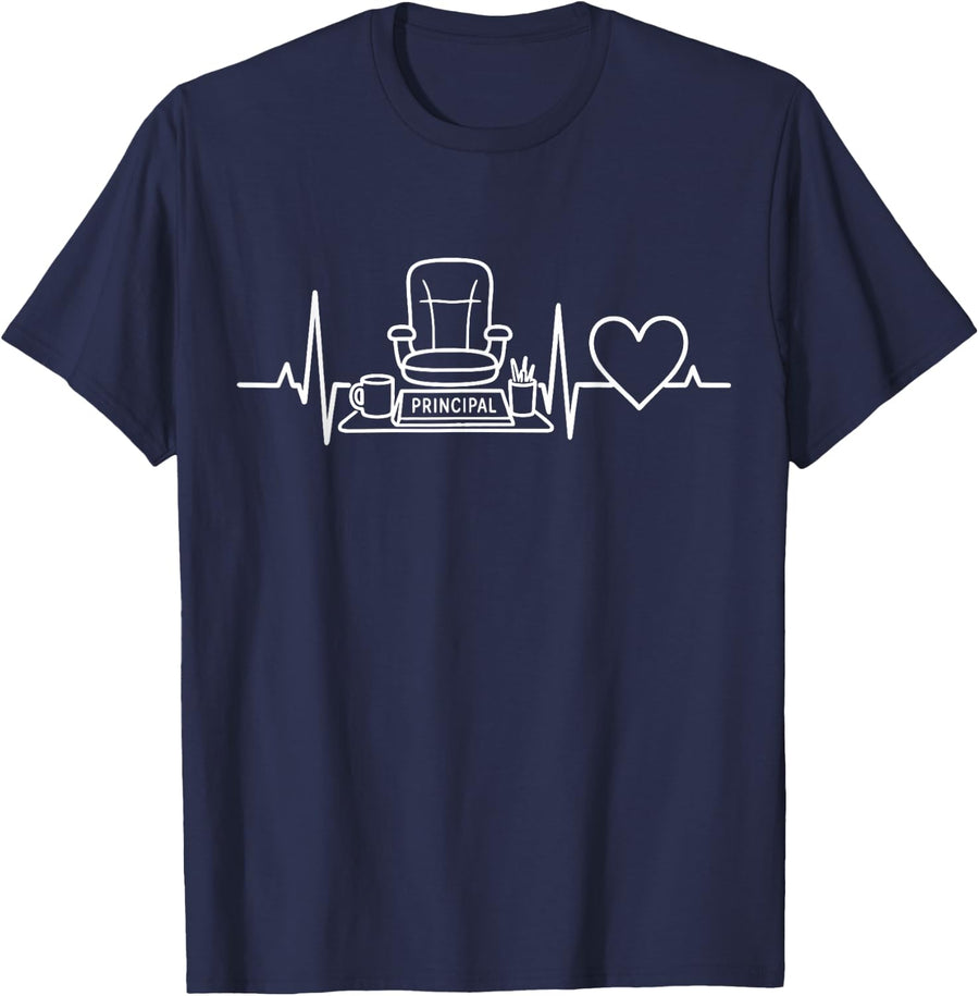 School Principal Heartbeat Office Desk Pulse T-Shirt - Navy Blue