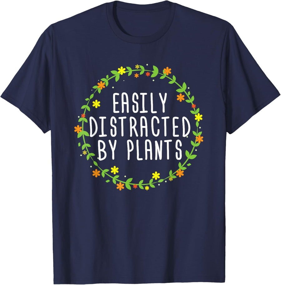 Cute Easily Distracted By Plants Gardening T-Shirt - Navy Blue