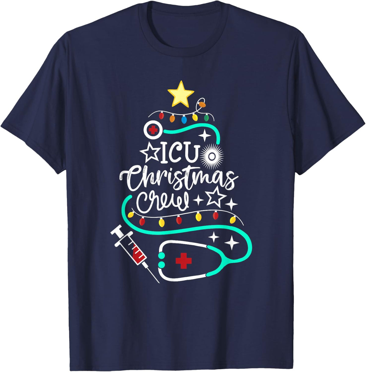 ICU Christmas Crew Intensive Care Unit Nurse Techs Secretary T-Shirt - Navy Blue