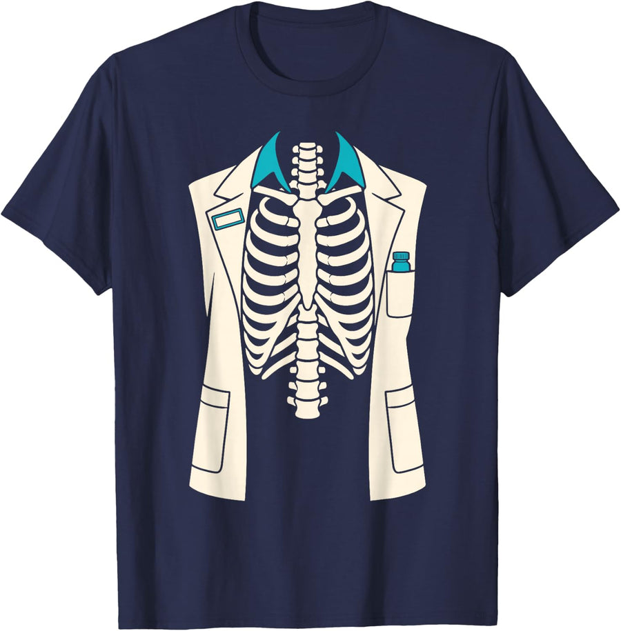 Skeleton Pharmacist Coat Halloween Costume T-Shirt - Navy Blue