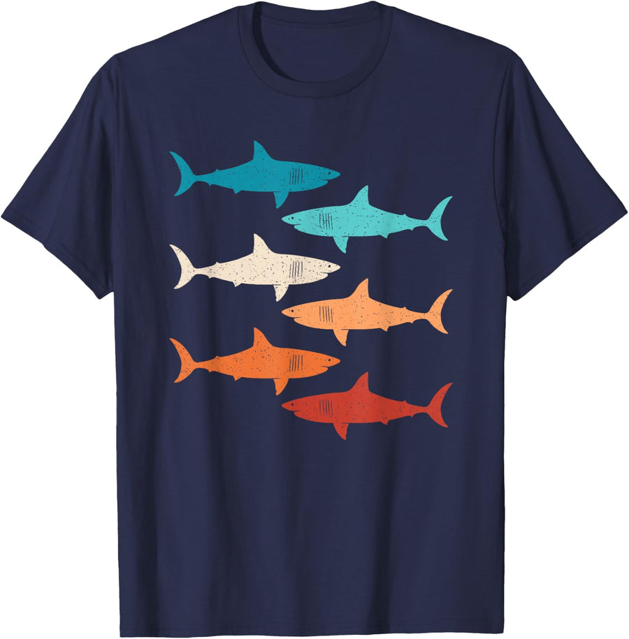 Shark Lover Ocean Animal Retro Marine Biology Tees T-Shirts Men Women - Navy Blue