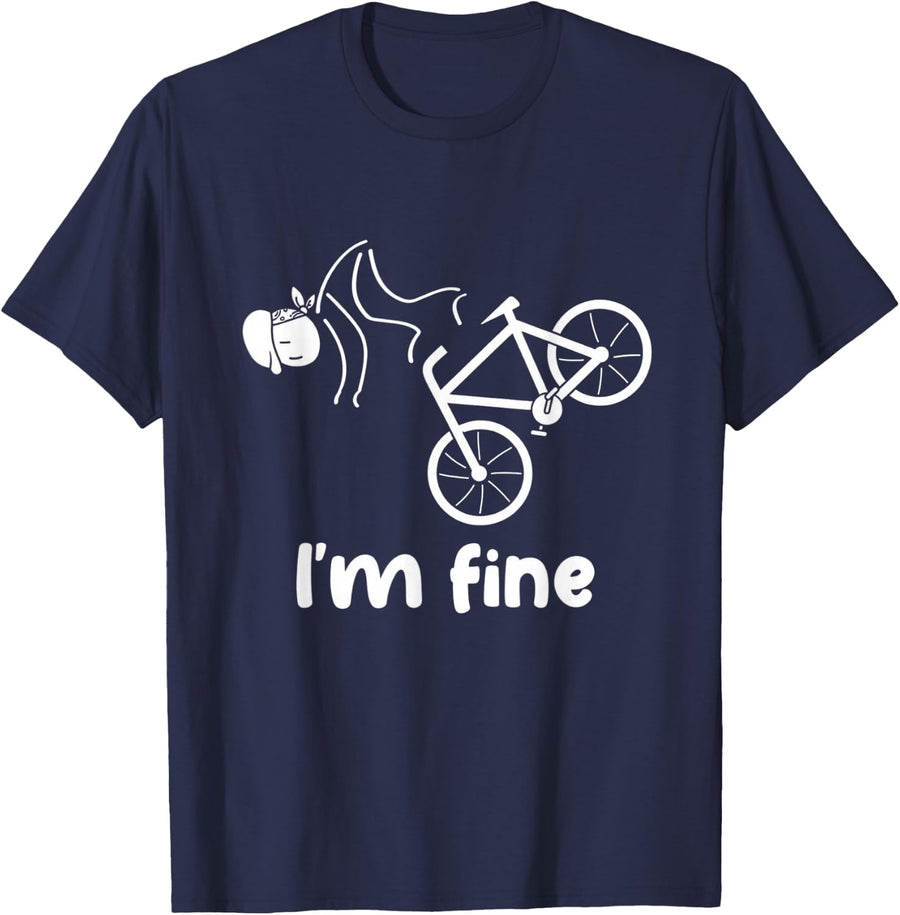 I'm Fine Bicycle Crash Graphic Funny Cycling T-Shirt - Navy Blue