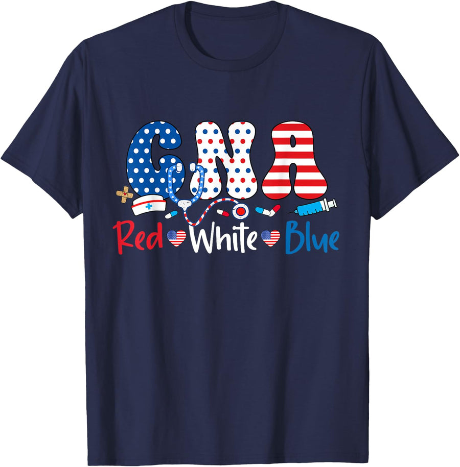 Red White And Blue CNA T-Shirt American Nurse 4th Of July Tees For Women Men - Navy Blue