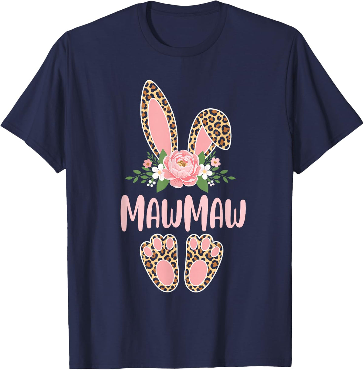 Floral Leopard Mawmaw Bunny Happy Easter Spring T-Shirt - Navy Blue