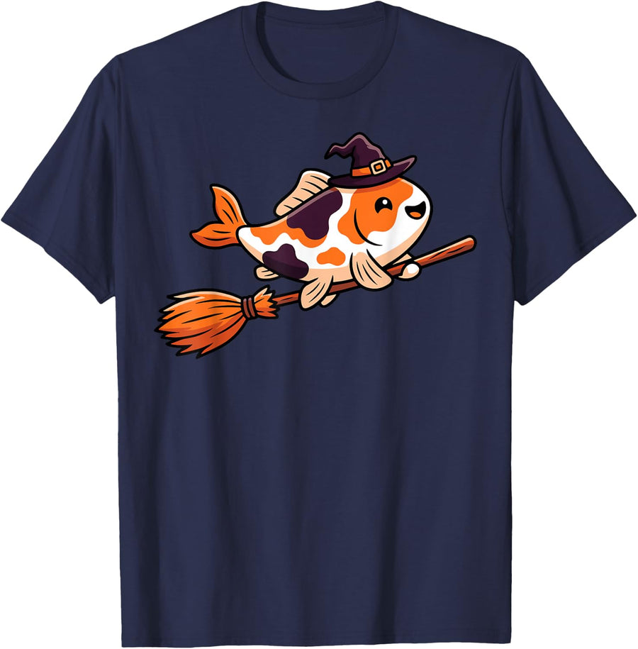 Cute Witch Koi Fish Flying Broom Halloween Fun T-Shirt - Navy Blue