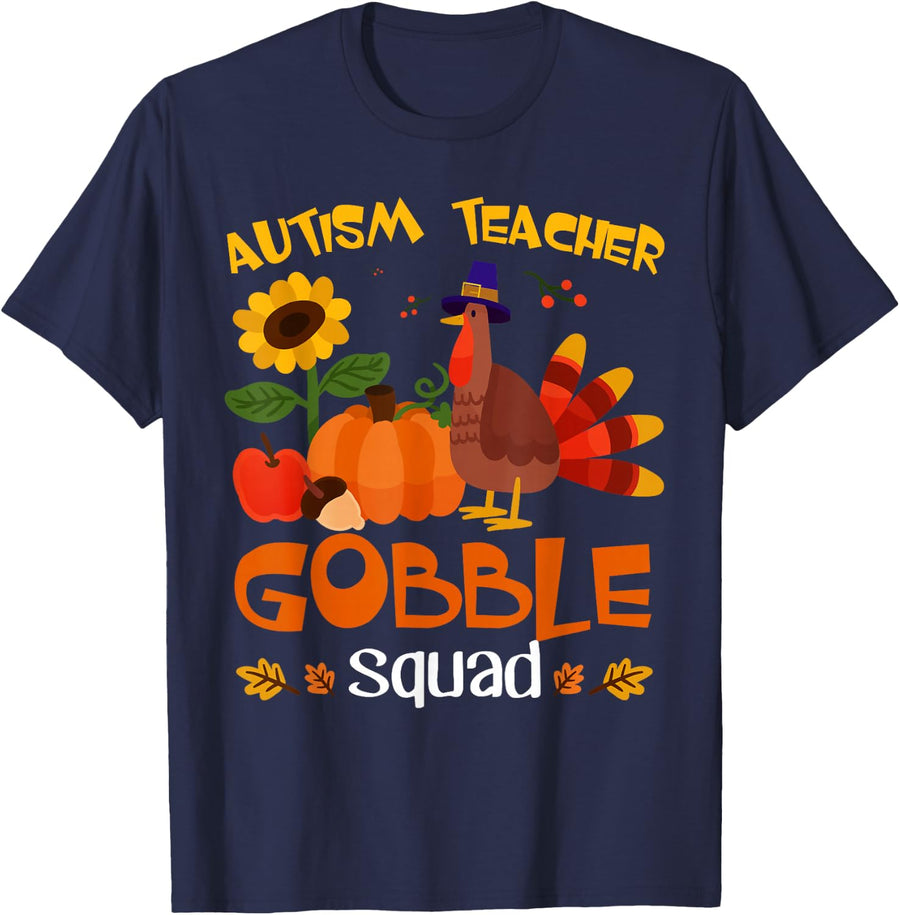 Autism Teacher Gobble Squad Turkey Thanksgiving T-Shirt - Navy Blue