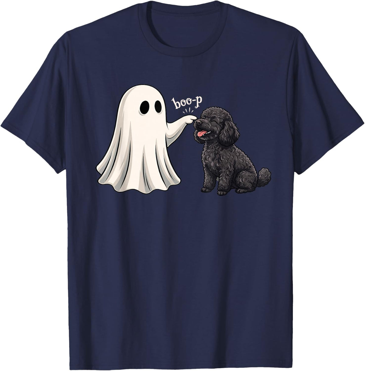 Cute Ghost Booping Toy Black Poodle Halloween T-Shirt - Navy Blue