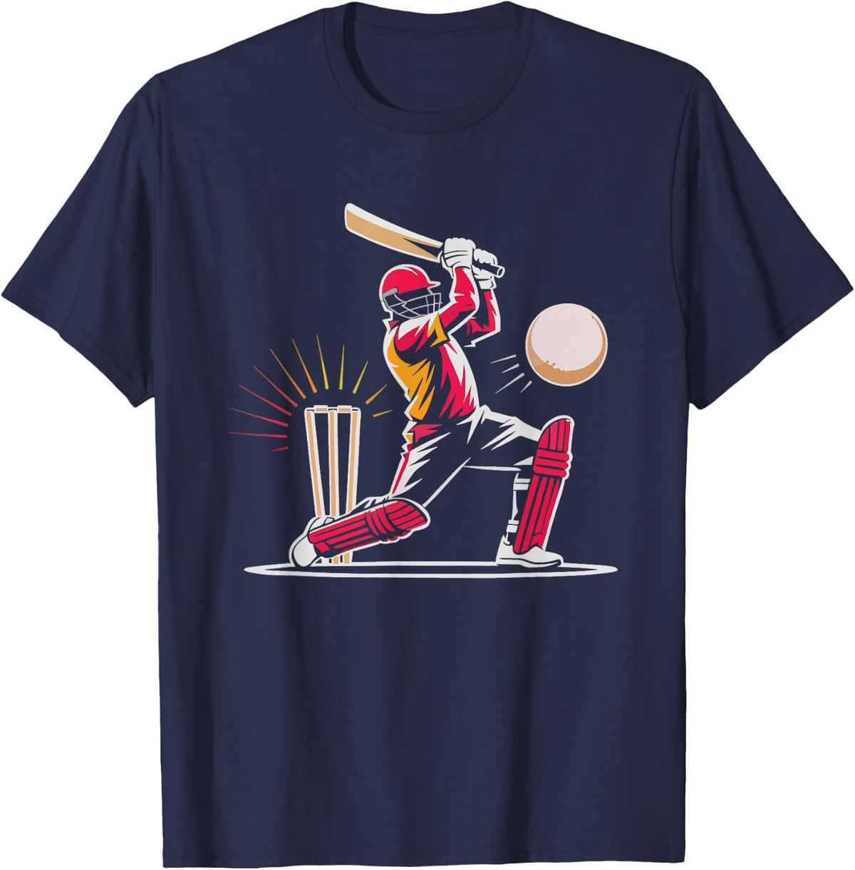 Cricket Bat Stumps Ball Minimal Illustration Sport Player T-Shirt - Navy Blue