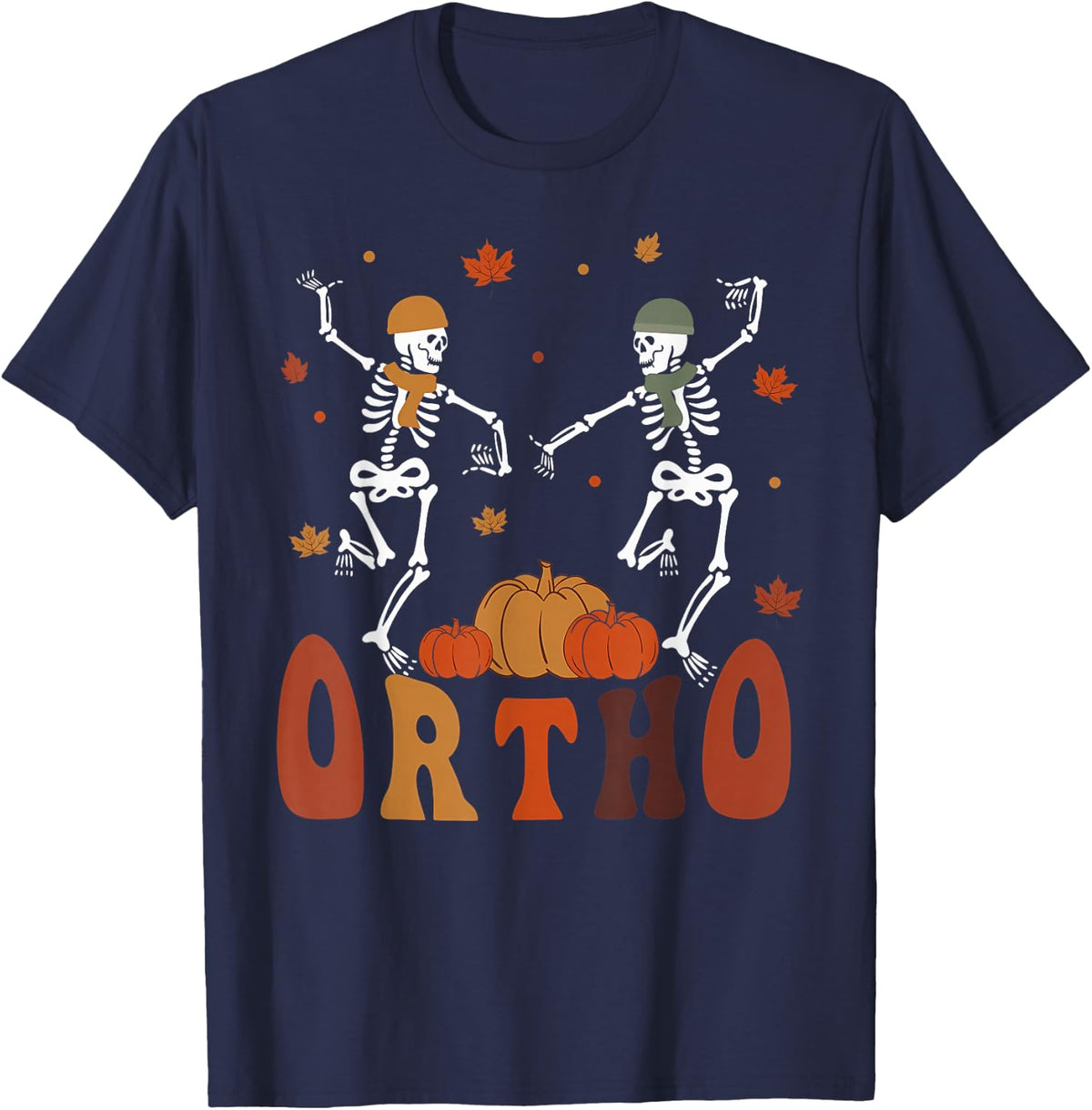 Ortho Nurse Fall Pumpkin Skeleton Dancing Orthopedic Nursing T-Shirt - Navy Blue